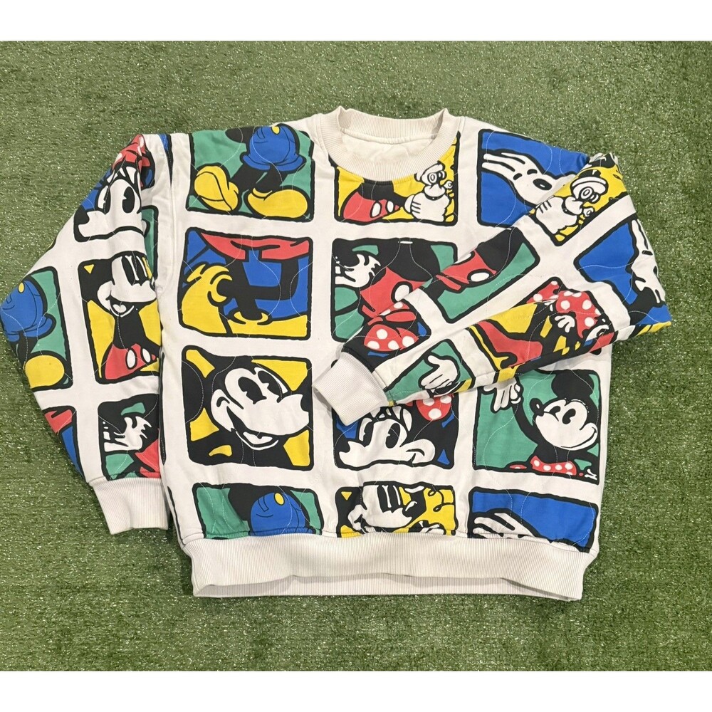 Disney Mickey Minnie Mouse Quilted Sweatshirt White Multicolor Pop Art Sz LG